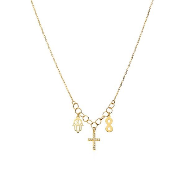 Collar Cruz, Mano Fátima e Infinito Oro 9 Klt