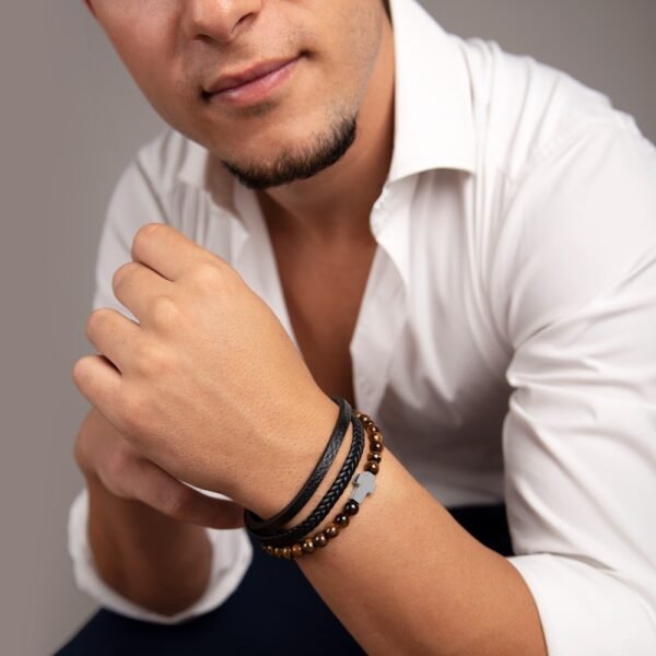 Pulsera Cruz, Cuarzo Ojo Tigre y Piel, Acero 316 L - Imagen 2