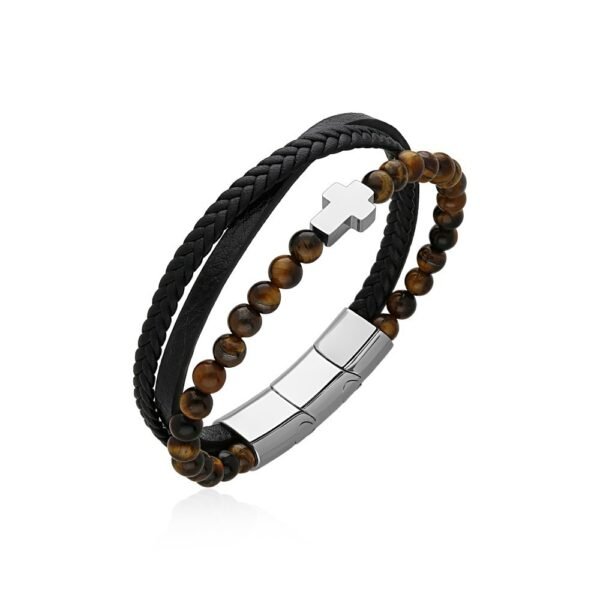Pulsera Cruz, Cuarzo Ojo Tigre y Piel, Acero 316 L